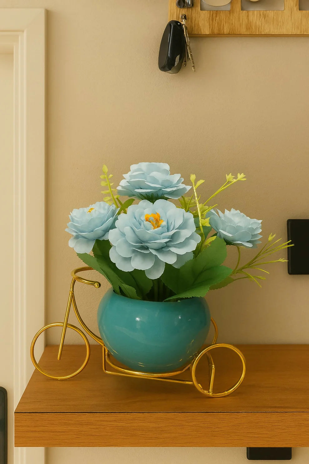 LuxeBloom™ Blue Rose Arrangement with Golden Bicycle Stand